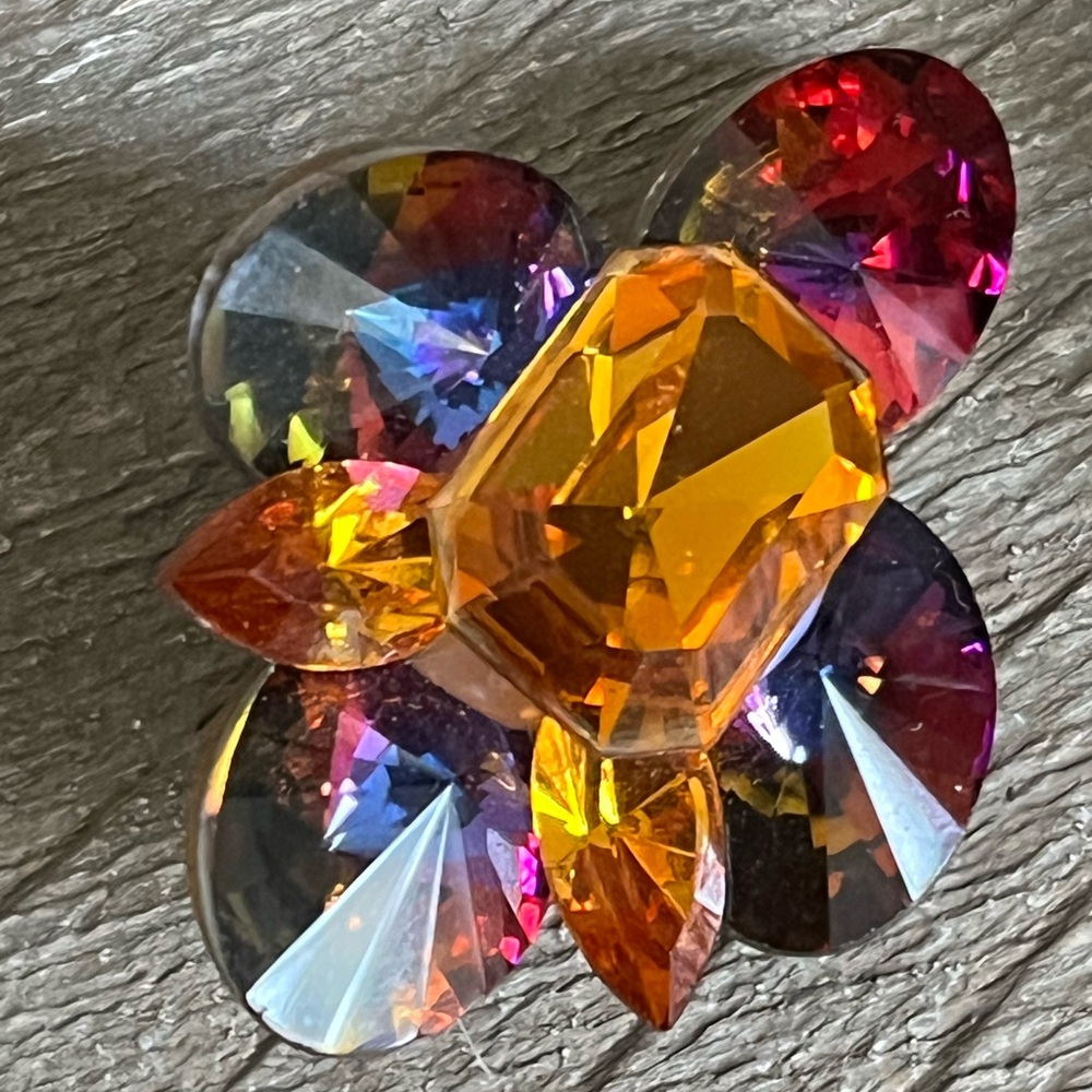 SPECTACULAR Vintage Wendy Gell Orange, Pink Rhinestone Rivoli Earrings